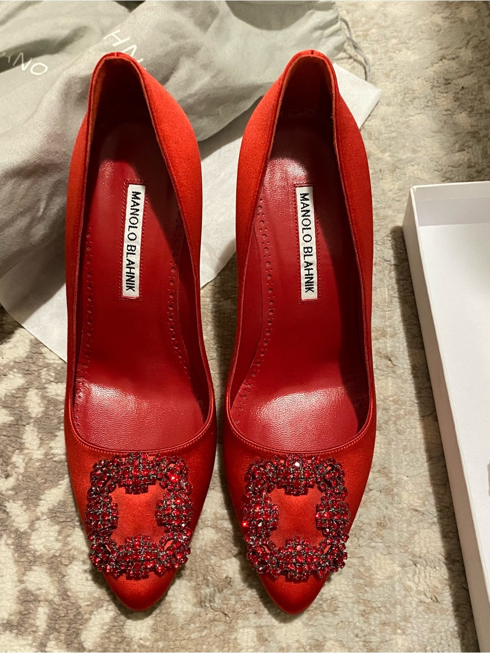 Manolo Blahnik Red Satin Crystal-Buckled Pointed Pumps - Picture 2 of 7